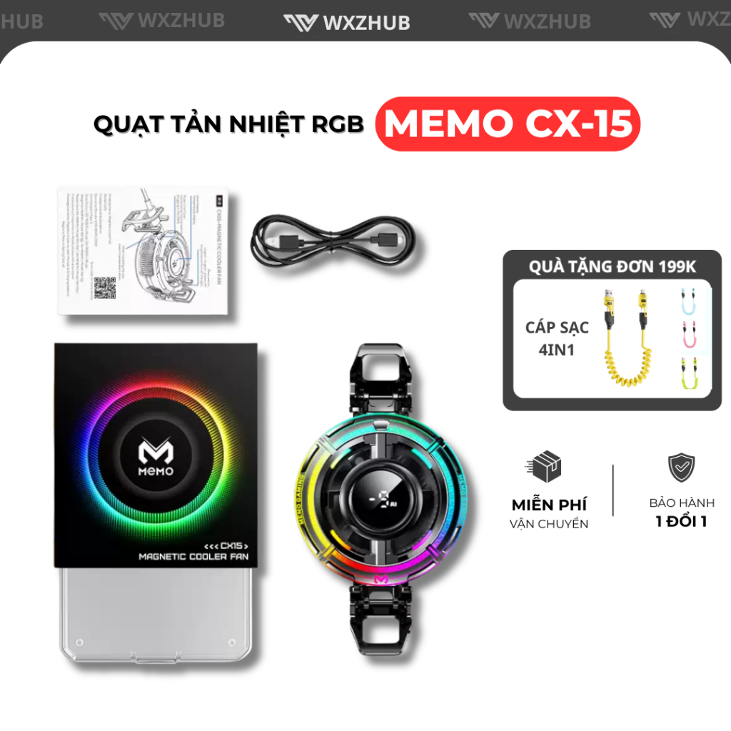 Quạt Tản Nhiệt Điện Thoại MEMO CX15 Pro AI, Sò Lạnh Làm Mát Cực Nhanh Tích Hợp Đèn LED RGB
