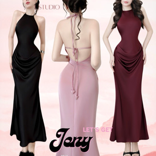   L.Studio JENY - Đầm lụa dài,cổ yếm hở lưng dây cột nơ nữ tính xếp nhúng hông che bụng,form đuôi cá 