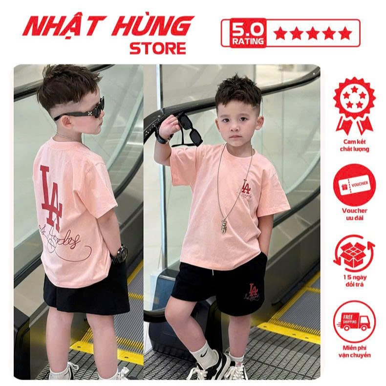 Bộ quần áo cho bé trai hình LAA CHỮ ĐỎ, set áo phông quần short trẻ em từ 10-63kg - NH194