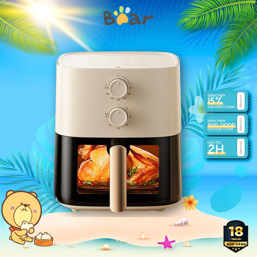 Nồi chiên không dầu 5L Bear QZG-J15M1 - Công suất 1500W- Vặn Núm Dễ Sử Dụng, Hẹn giờ, BH 18 Tháng