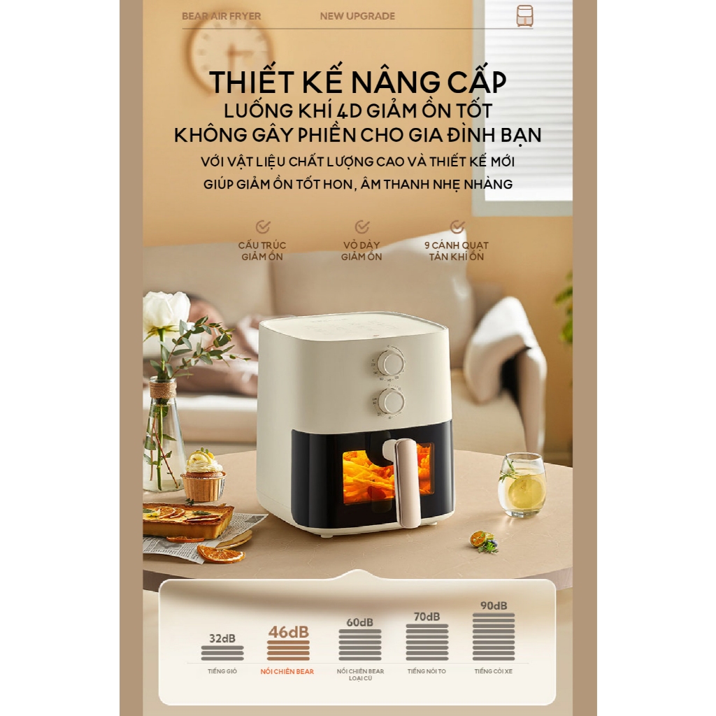 Nồi chiên không dầu 5L Bear QZG-J15M1 - Công suất 1500W- Vặn Núm Dễ Sử Dụng, Hẹn giờ, BH 18 Tháng