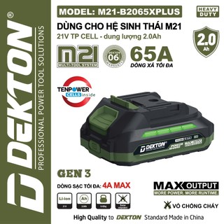Pin chính hãng Dekton M21-B2065PLUS, 21V 2.0Ah, 5 TP cell, công nghệ lithium-ion, dung lượng 2.0AH