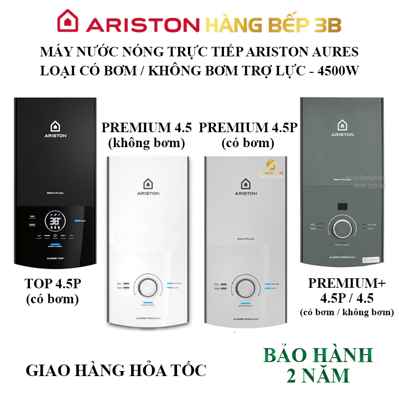 [CÓ LẮP ĐẶT] Máy nước nóng trực tiếp Ariston Aures PREMIUM, Aures TOP 4500W (loại có bơm, không bơm)