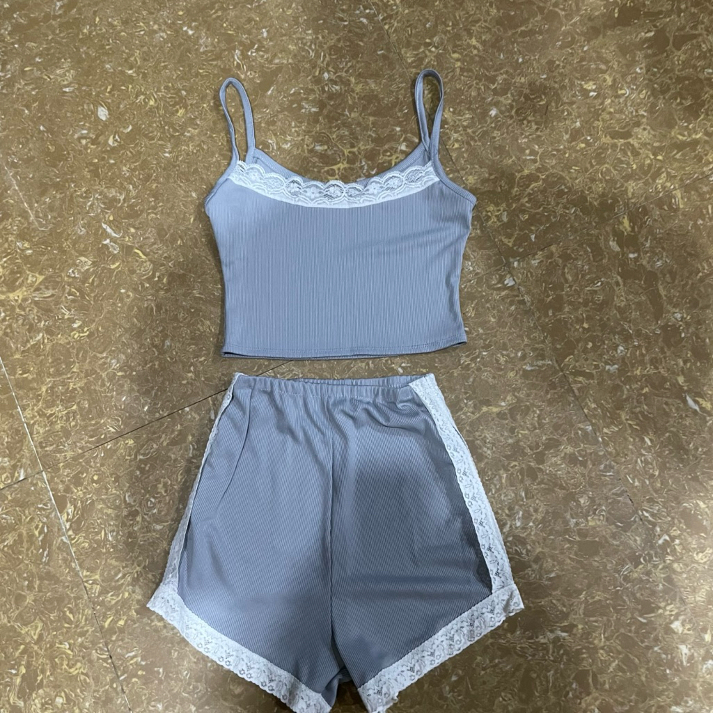 Set đồ ngủ sexy thun gân xám phối ren mặc nhà tiểu thư 2hand pass thanh lý freesize