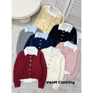  Sét áo len dài tay đính nơ cài khuy kèm sơ mi 