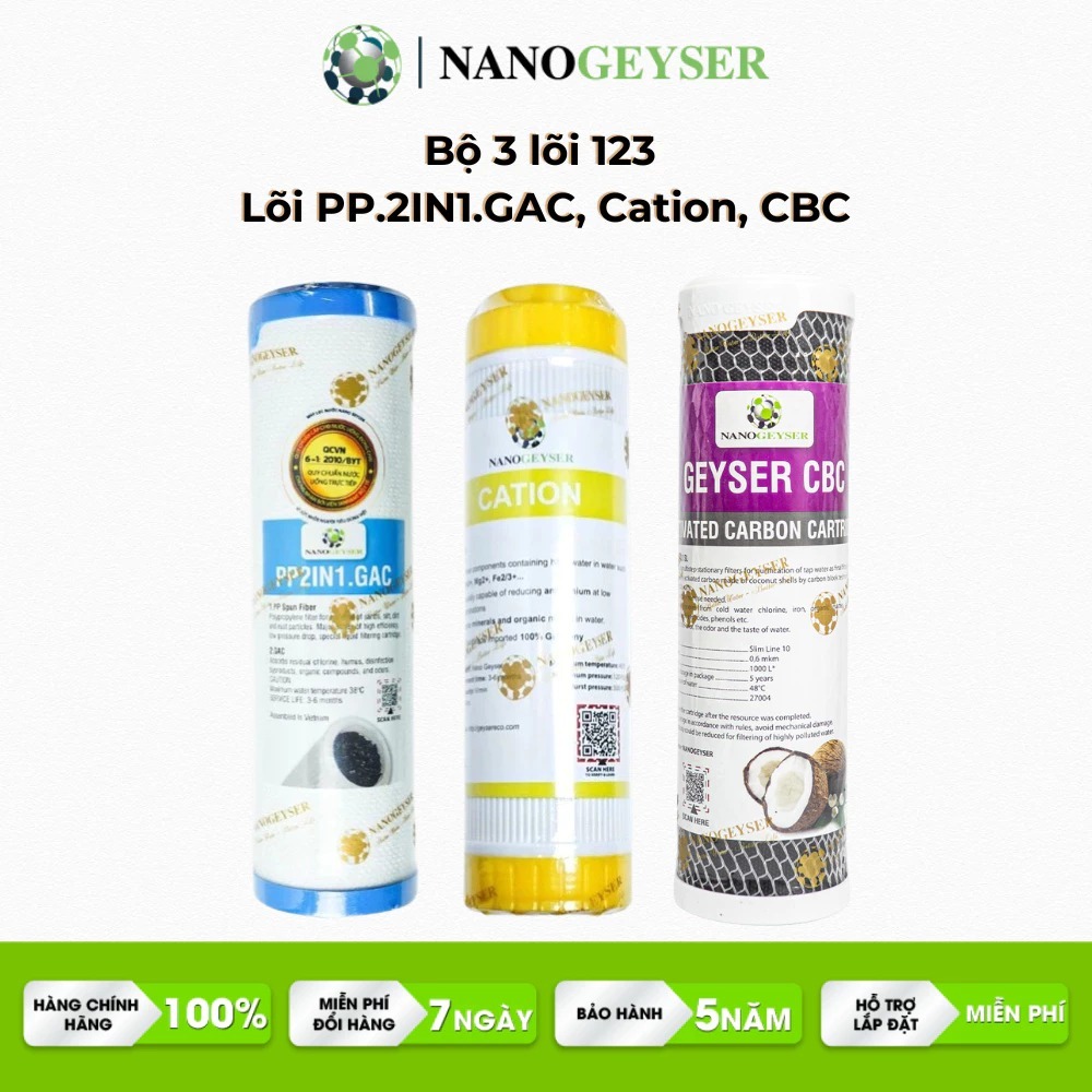 [Chính hãng Nano Geyser] Combo lõi Geyser, Nano, UF - PP2in1.GAC, Cation, CBC - Hàng chính hãng Nano