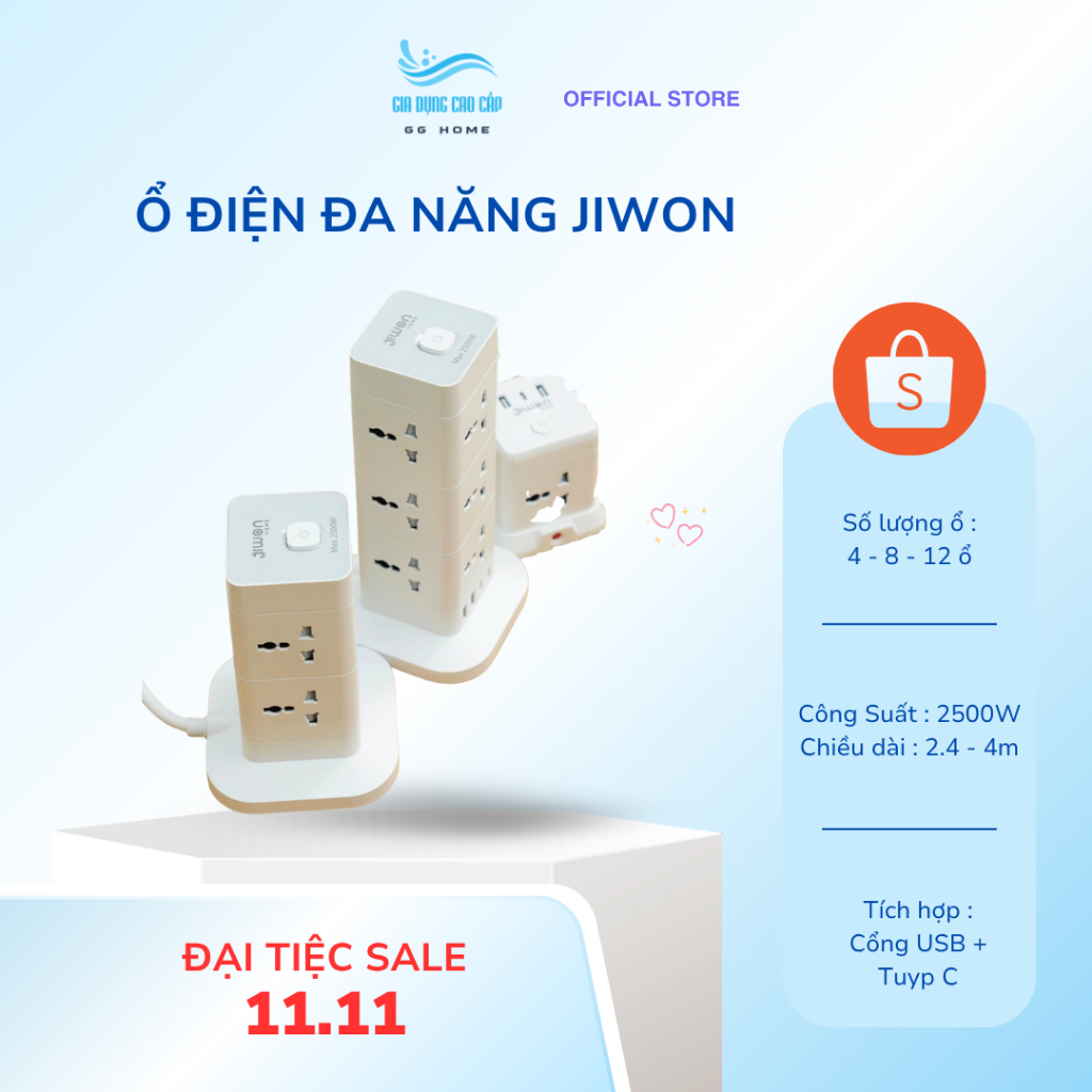 Ổ Cắm Điện Đa Năng  JIWON tích hợp cổng USB và Type C ,Tự Ngắt An Toàn