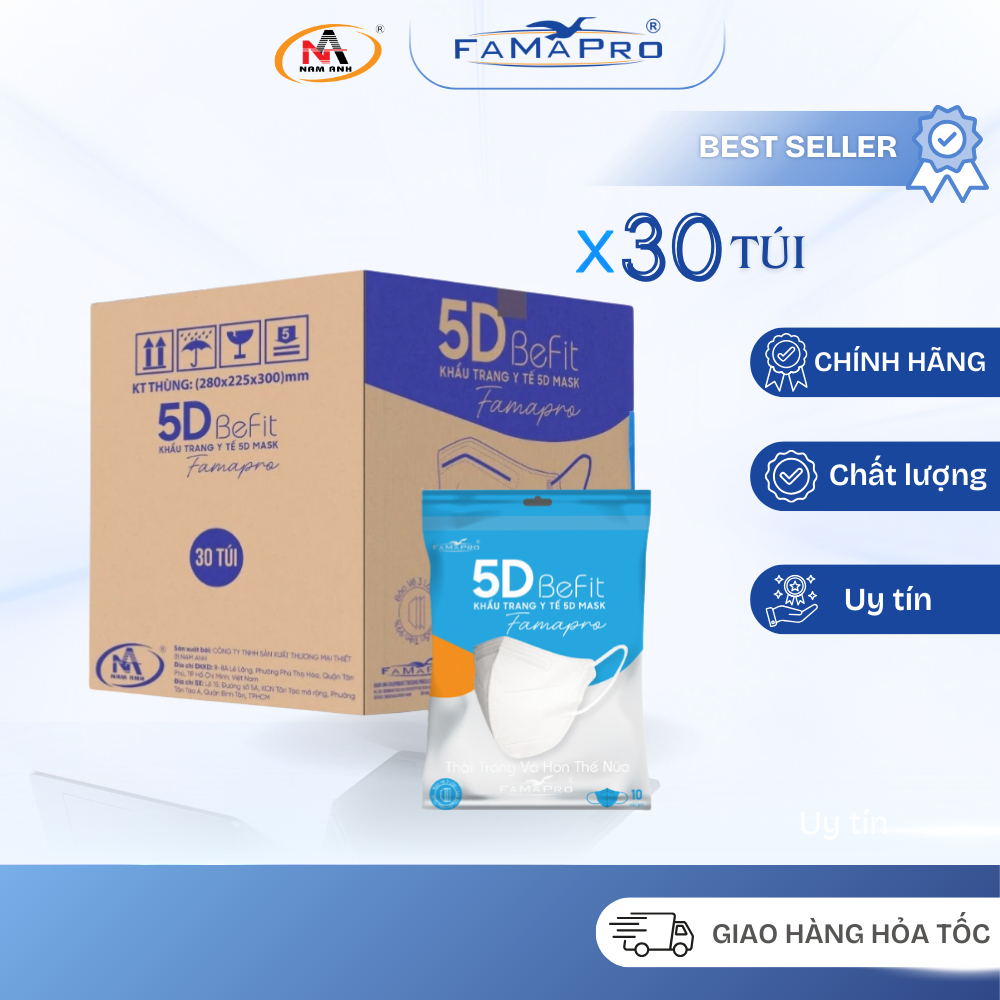 [Thùng 300 Cái] Khẩu Trang Y Tế 3 Lớp 5D Mask Befit Nam Anh Famapro Chính Hãng, Dễ Thở, Ôm Mặt, Thoá