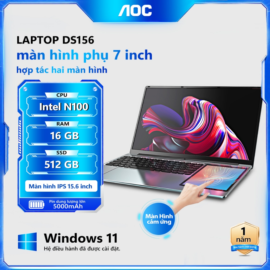 Laptop AOC 15.6 inch cảm ứng gập 180° 2 màn hình Dual Screen N100, RAM 16GB, SSD 512GB, Win 11 chính