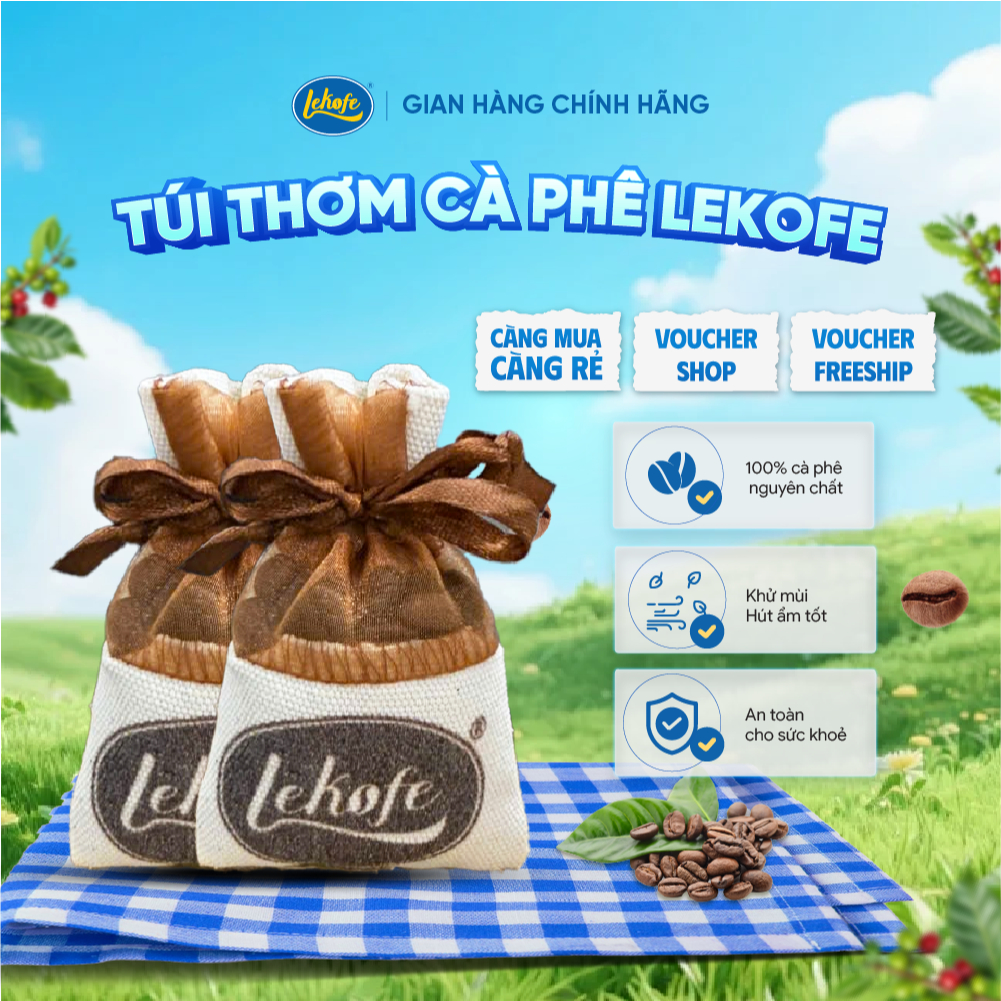 Túi thơm cà phê hạt nguyên chất treo xe khử mùi ô tô, Phụ Kiện Thơm tủ,văn phòng làm việc Lekofe 30g