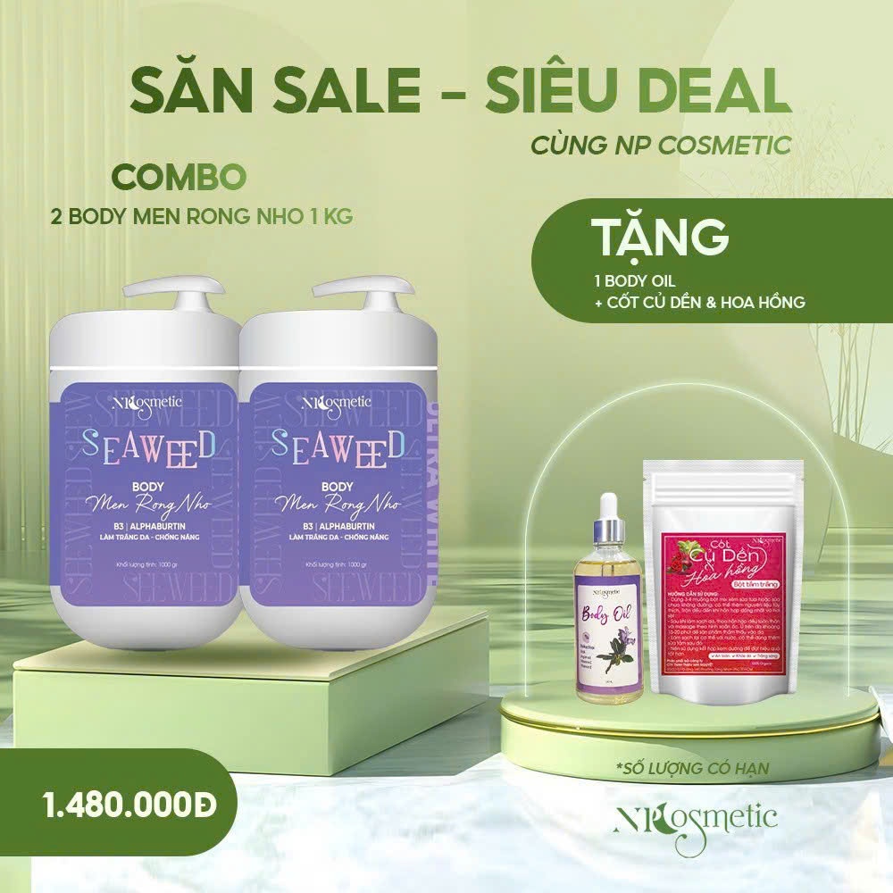 ( Mua 2 Tặng 2) Combo 2H Kem Body Seaweed Men Rong Nho Size 1Kg, Dưỡng Trắng, Nâng Tone, Makeup