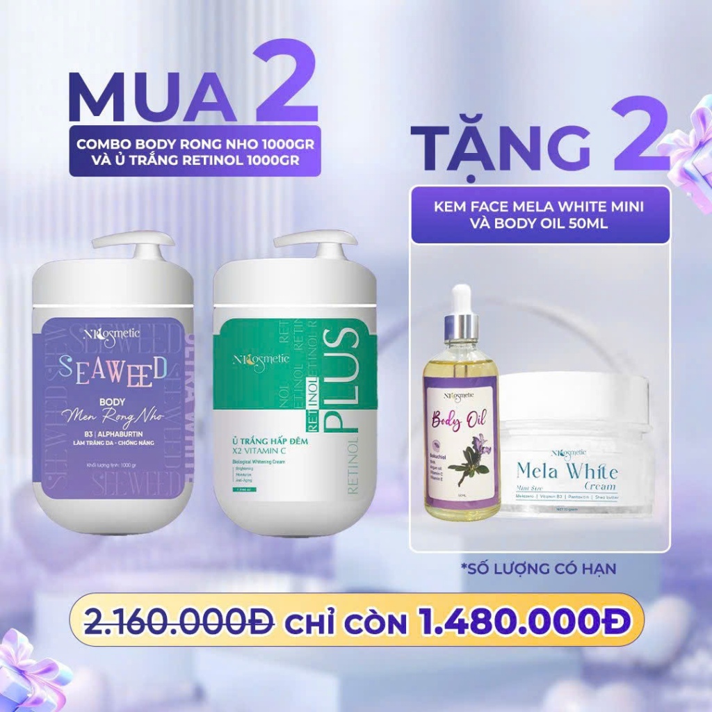 COMBO KEM Ủ TRẮNG RETINOL & KEM BODY MEN RONG NHO SIZE 1KG TẶNG BODY OIL & KEM FACE, DƯỠNG DA BODY