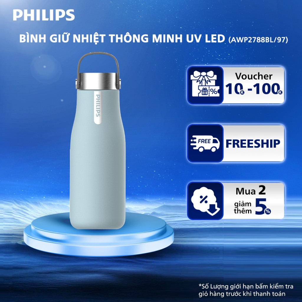 Bình giữ nhiệt thông minh UV Led Philips AWP2788BL/97 - Xanh dương | BigBuy360 - bigbuy360.vn