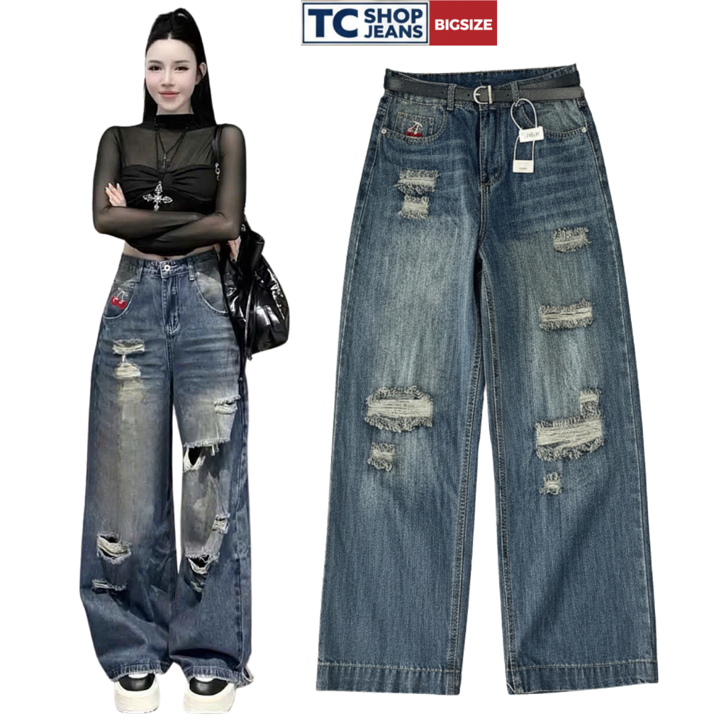 Quần jean suông rách nhẹ thêu cherry túi màu đậm rêu TC SHOP JEANS bigsize 55-90kg chất jean cotton 