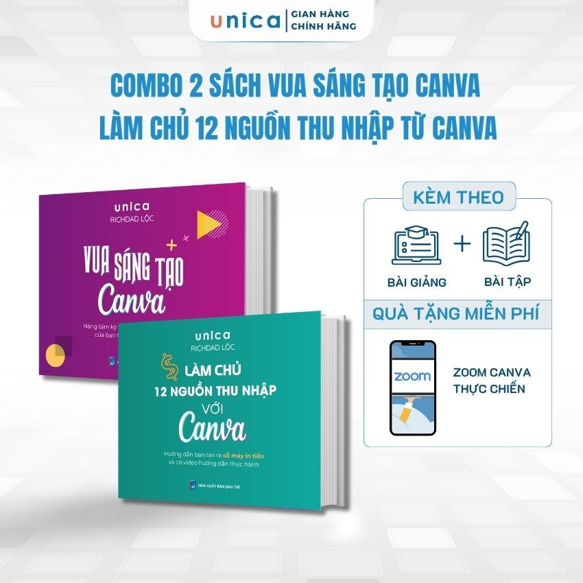 Combo 2 Sách Vua sáng tạo Canva + Làm chủ 12 nguồn thu nhập từ Canva Unica