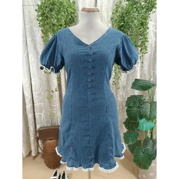 CHIBEST thanh lý - Đầm jean tay phồng viền ren bymo - Size M