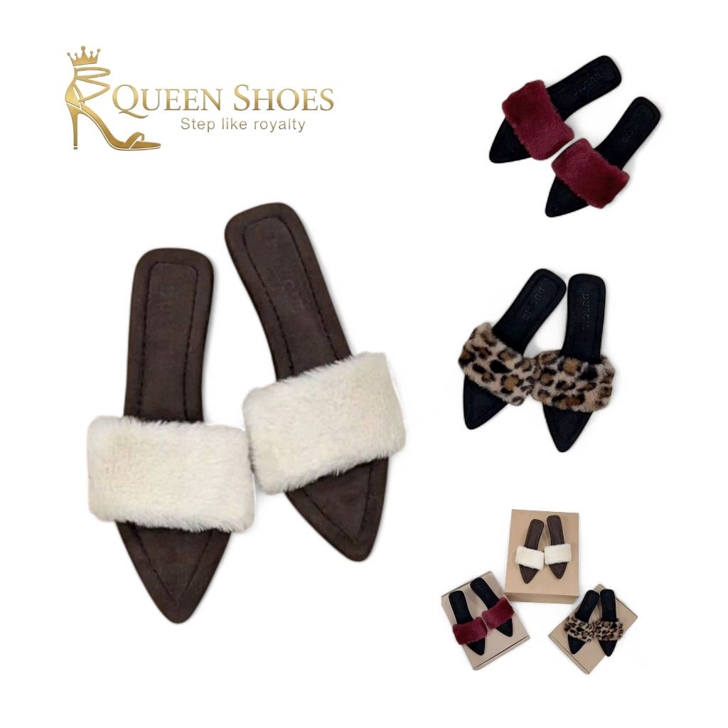 Queen shoes  - (Hàng Mới) Dép Lê Quai Lông Dáng Mũi Nhọn, Êm Chân, Đế Chống Trơn Trượt.