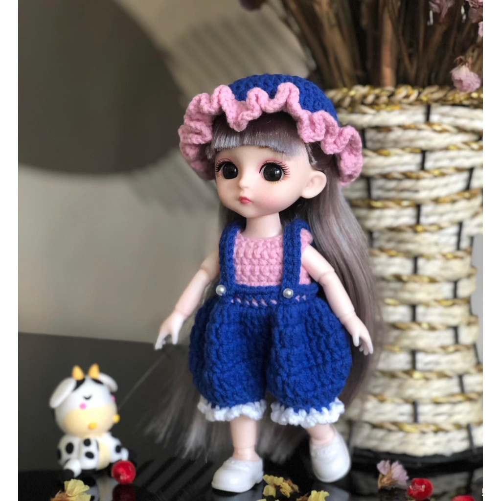 set mũ quần yếm ống rộng cho doll 1/8 16cm