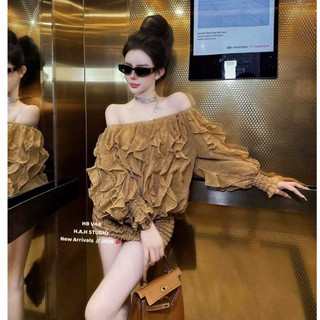  Váy trễ vai dài tay phối bèo bo chun hông basic dễ mặc -AY054 