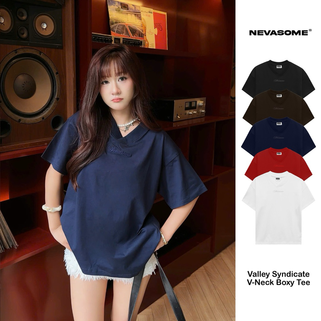 Áo Thun Boxy Cổ V-Neck Valley Nevasome Thêu Nổi Cotton 250gsm Local Brand Tay Lỡ Form Boxy Rộng Nam Nữ | BigBuy360 - bigbuy360.vn