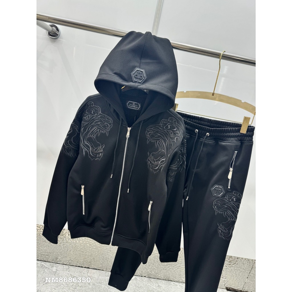Bộ Đồ Thể Thao Nam Cao Cấp Philipp Plein - Hoodie Zip & Quần Jogger Thêu Hổ Đen Sang Trọng