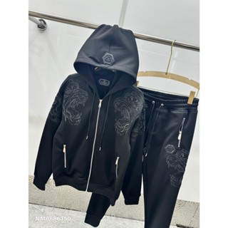 Bộ Đồ Thể Thao Nam Cao Cấp Philipp Plein - Hoodie Zip & Quần Jogger Thêu Hổ Đen Sang Trọng