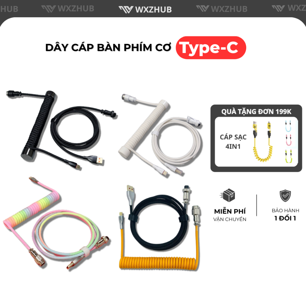 Dây Cáp Bàn Phím Cơ Custom Type-C Xoắn 8K Polling Rate, Dây Cáp Lò Xo Trục GX-12 USB A to Type-C