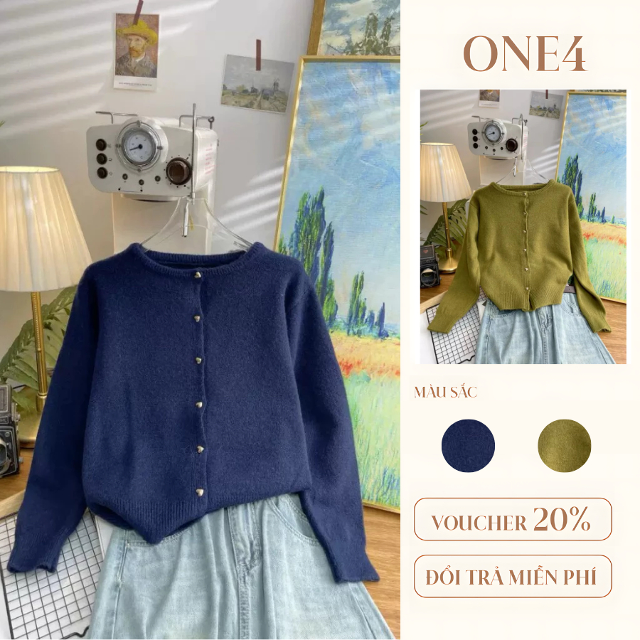 Áo len dệt kim khuy hình trái tim, áo cardigan mùa thu ONE4