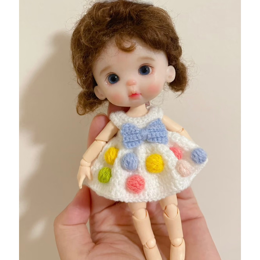 váy xòe trắng nơ xanh doll 1/8 búp bê 16cm