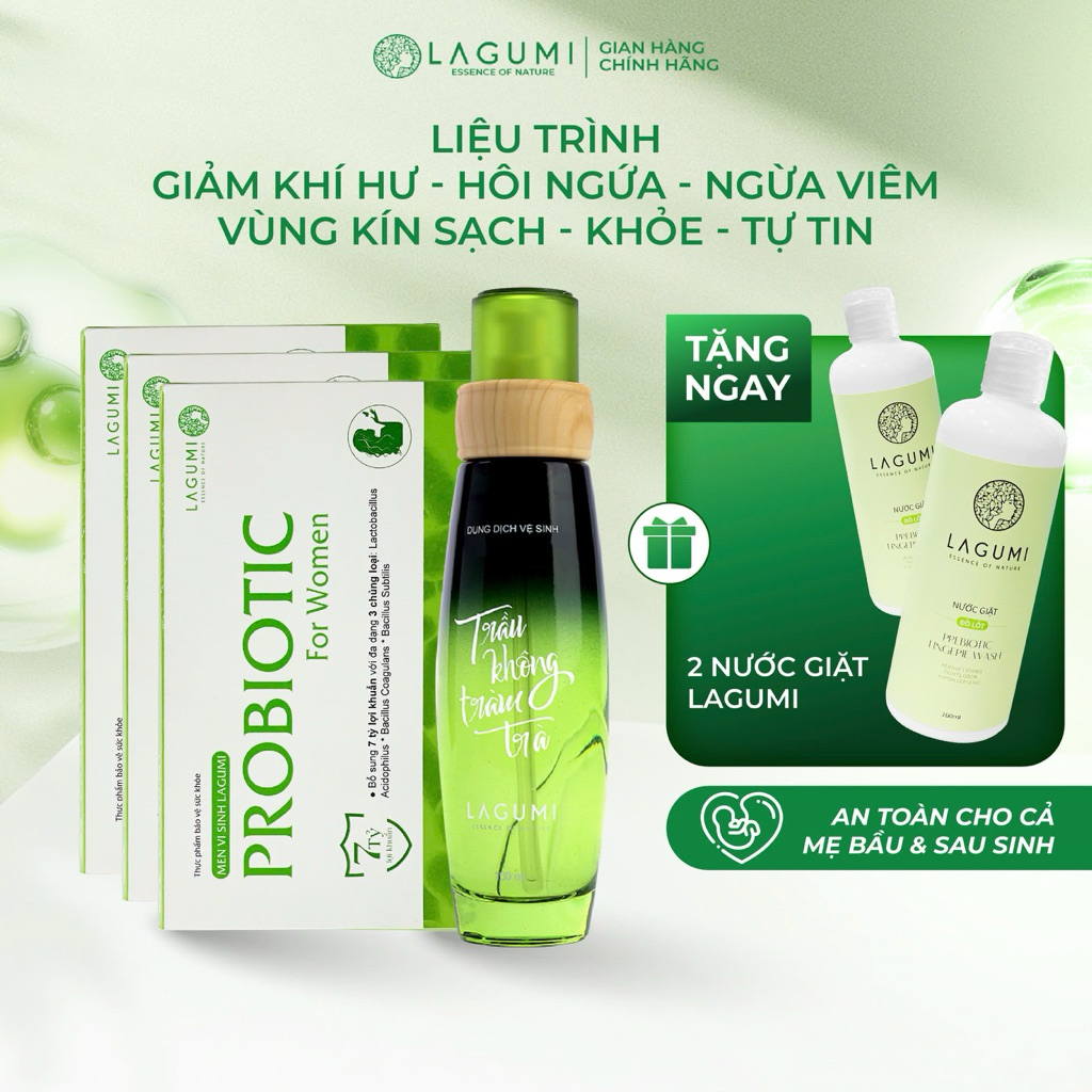 Liệu trình giảm ngứa, khí hư LAGUMI - 1 chai Dung Dịch Vệ Sinh Trầu Không Tràm Trà và 3 Hộp Men Vi S