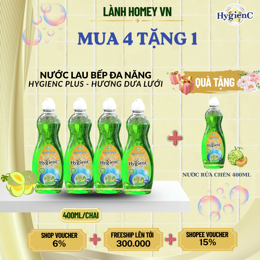 [MUA 4 TẶNG 1] Nước Rửa Chén HygienC Plus - 400gr/Chai - Làm Sạch Vệ Sinh Dầu Mỡ Bám Trên Chén Bát