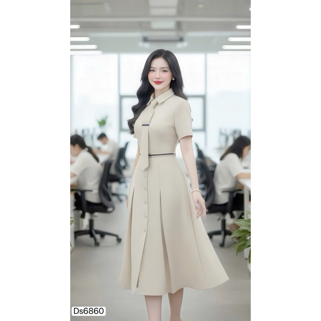 Đầm DVC DS6860 – Đầm Sơ Mi Dáng Dài Cổ Nơ Thanh Lịch, Sang Trọng Chuẩn Quý Cô