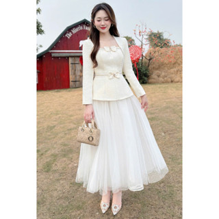  A639 Deal tri ân Set váy thiết kế thu đông 2 món áo dạ tweed viền nhũ nơ eo tiểu thư phối chân váy lưới trắng bồng bềnh 