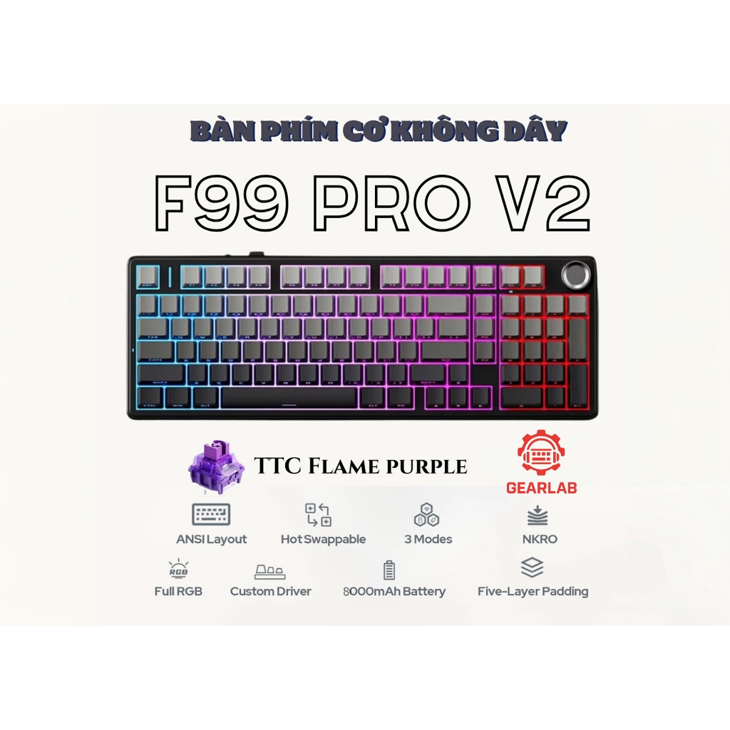 AULA F99 Pro V2 Bàn Phím Cơ Không Dây Full Size TTC Flame Purple
