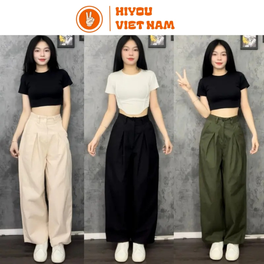 Quần Kaki Ống Rộng, Quần Suông Rộng Nữ, Quần Kaki Nữ HiYou Quần Xanh Rêu, Chất Liệu Dày Dặn KAKIG