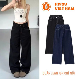  Quần Jeans Nữ Ống Rộng Xanh Navy Đậm Đen Chỉ Trắng Hiyou Cạp Cao Tôn Dáng Viền Chỉ Nổi Cá Tính 