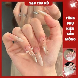  Móng tay giả form dài nhọn bộ 24 móng đính charm nơ nail giả kỷ yếu nail dễ thương nail công chúa 