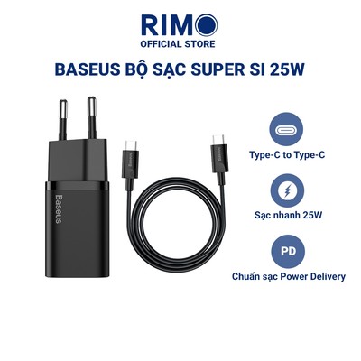 Bộ sạc nhanh Baseus Super Si 25W 1 cổng kèm cáp Type-C to Type-C 1M, hỗ trợ sạc nhanh PD
