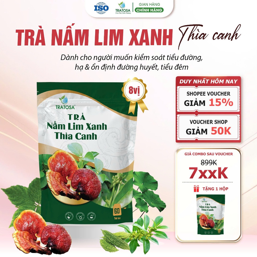 Trà nấm lim xanh thìa canh Tratosa 8 Vị thảo dược, 1 gói 60 túi lọc dùng được 1 tháng, an toàn từ th