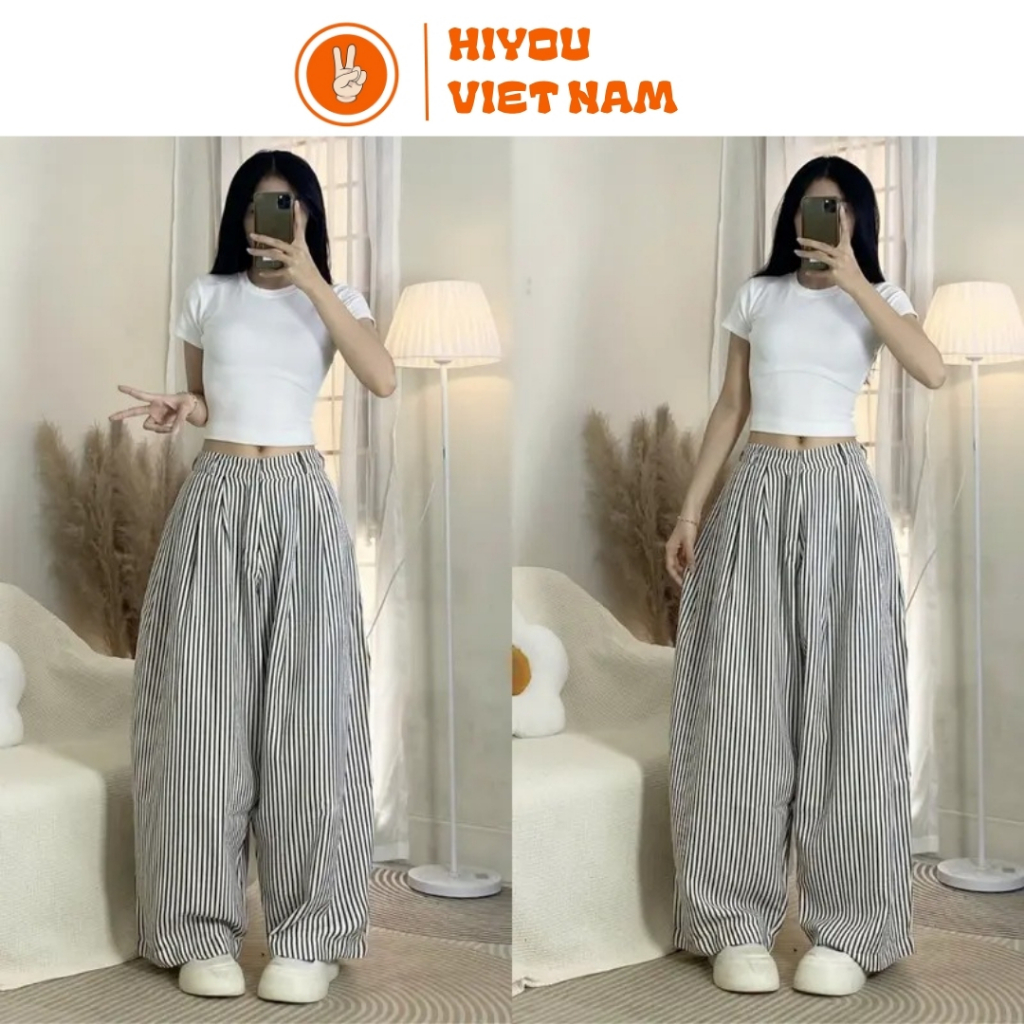 Quần Kẻ Sọc Form Suông Rộng HIYOU Cá Tính, Tôn Dáng, Trẻ Trung, Năng Động Chất Liệu Đũi Nhăn [Ver 2]