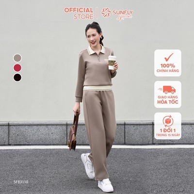 Set đồ nữ poly cotton 2da áo dài tay cổ bẻ khóa lửng quần suông dài SUNFLY SFB3110N