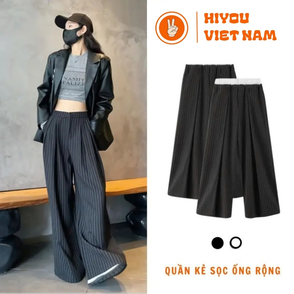 Quần Vải Ống Suông, Quần Kẻ Sọc Ống Rông Hiyou, Cạp Cao Đứng Form Ly Thẳng Phong Cách Hàn Quốc