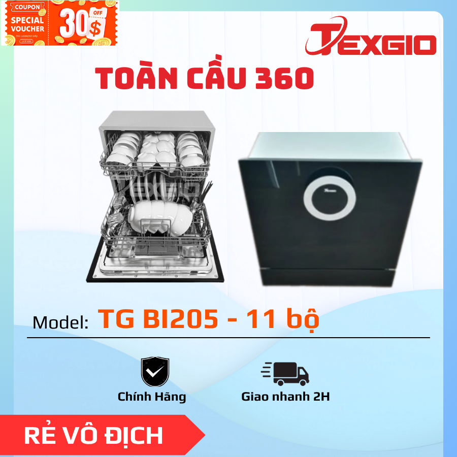 TG BI205/ MÁY RỬA BÁT Texgio/ Dung tích sức chứa: 8 bộ chén bát đĩa (tiêu chuẩn châu Âu)