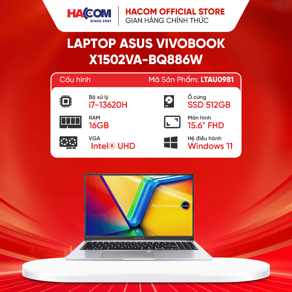 Laptop Asus VivoBook X1502VA-BQ886W (i7 13620H/16GB RAM/512GB SSD/15.6 FHD/Win11/Bạc)