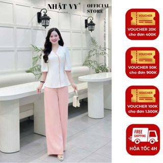 Set đồ lam nữ thiết kế Nhật Vy cổ V tay dài kèm quần bigsize chất lụa đồ đi lễ chùa pháp phục  - D3489 