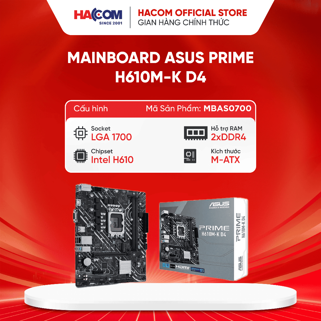 Mainboard Asus PRIME H610M-K D4 (Chipset Intel H610, Kích thước M-ATX, 2 khe Ram, LGA 1700)