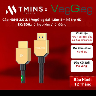 Cáp HDMI 2.0 2.1 VegGieg dài 1.5m-5m hỗ trợ 4K-8K/60Hz lõi hợp kim / lõi đồng  - Hàng chính hãng