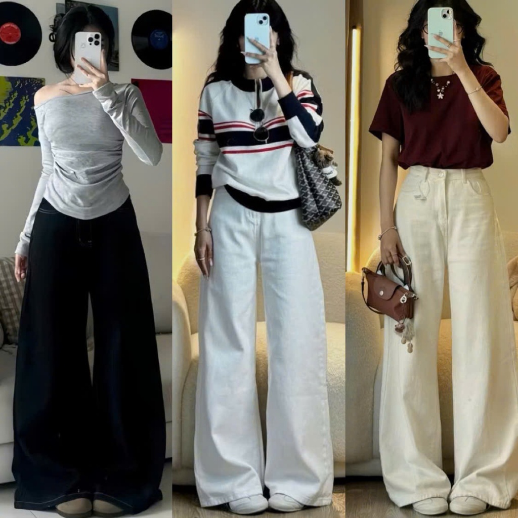 Quần jean bò trắng nữ cạp cao ống rộng 28 cm Chất vải mềm, Quần bò ống rộng nữ trắng đủ size phong cách style