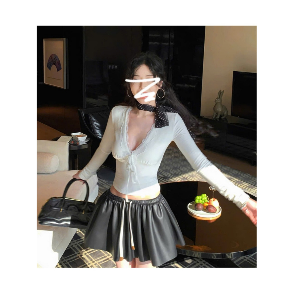 Áo thun nữ cổ V phối ren tinh tế dài tay Miumiu Clothing Store , áo kiểu nữ chất liệu thun co giãn, 