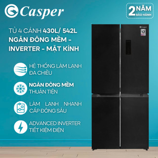   KHÔNG GIAO MIỀN TRUNG  Tủ lạnh 4 cánh Casper Inverter 430L   542L Ngăn đông mềm mặt kính - RM-D430GBS  RM-D542GBS 